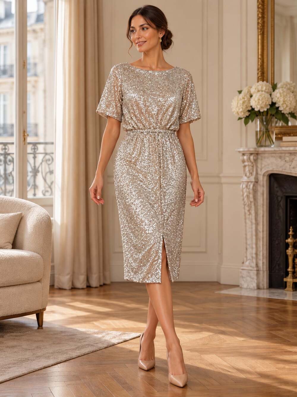 Bree Lena Sequin Midi Dress Champagne Short Sleeve Lined Size M